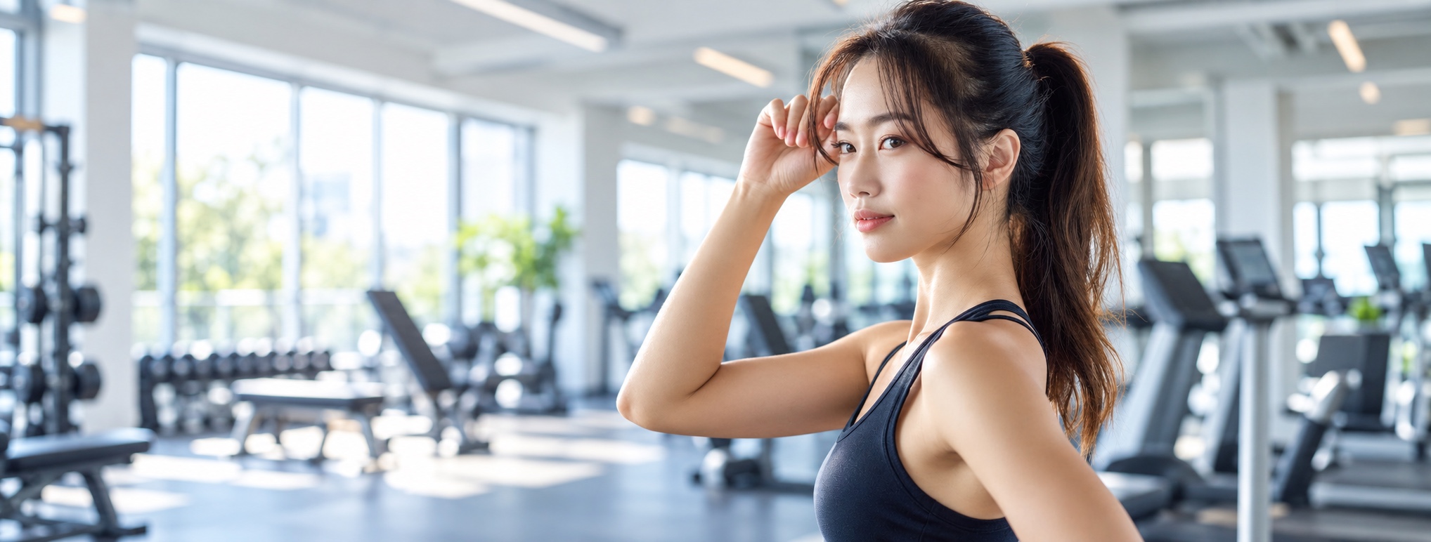 明るいジムで過ごす爽やかな女性